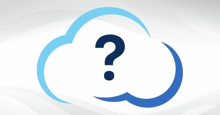 A white cloud icon with a blue outline contains a large blue question mark in the center, set against a light gray abstract background.
