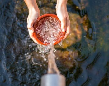 Water flows into a vessel cupped by two hands in a metaphor for how remaining in good standing in California eases the way for donations.