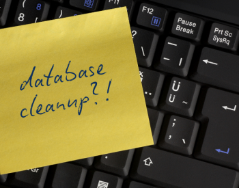 A post-it shows a handwritten phrase "database cleanup??!" as a reminder for data cleanliness.