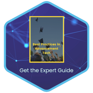 Hexagonal graphic with a blue network background. Central image shows graduation caps being thrown in the air. Overlaid text reads Best Practices in Advancement Tech. Below, text reads Get the Expert Guide.