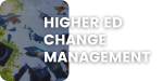 Graduates throw caps in the air on the left; bold white text over the image reads, HIGHER ED CHANGE MANAGEMENT. The background is mostly white with a rounded corner image inset.