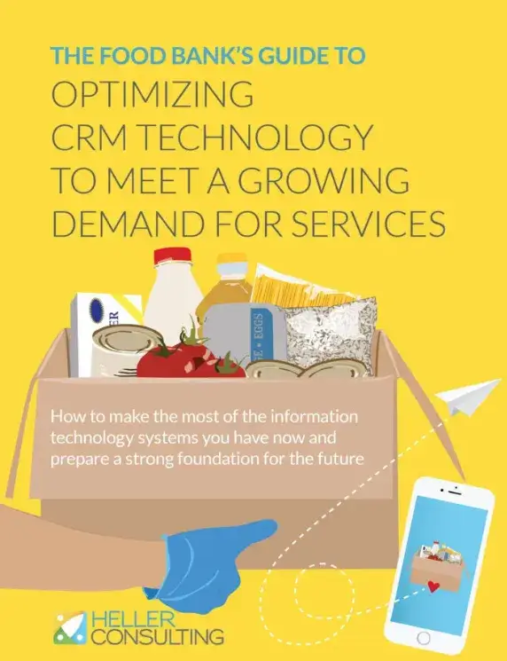 An illustrated guide cover shows a gloved hand holding a box of food items and toiletries. The title reads, Optimizing CRM Technology to Meet a Growing Demand for Services. Heller Consulting logo is at the bottom.