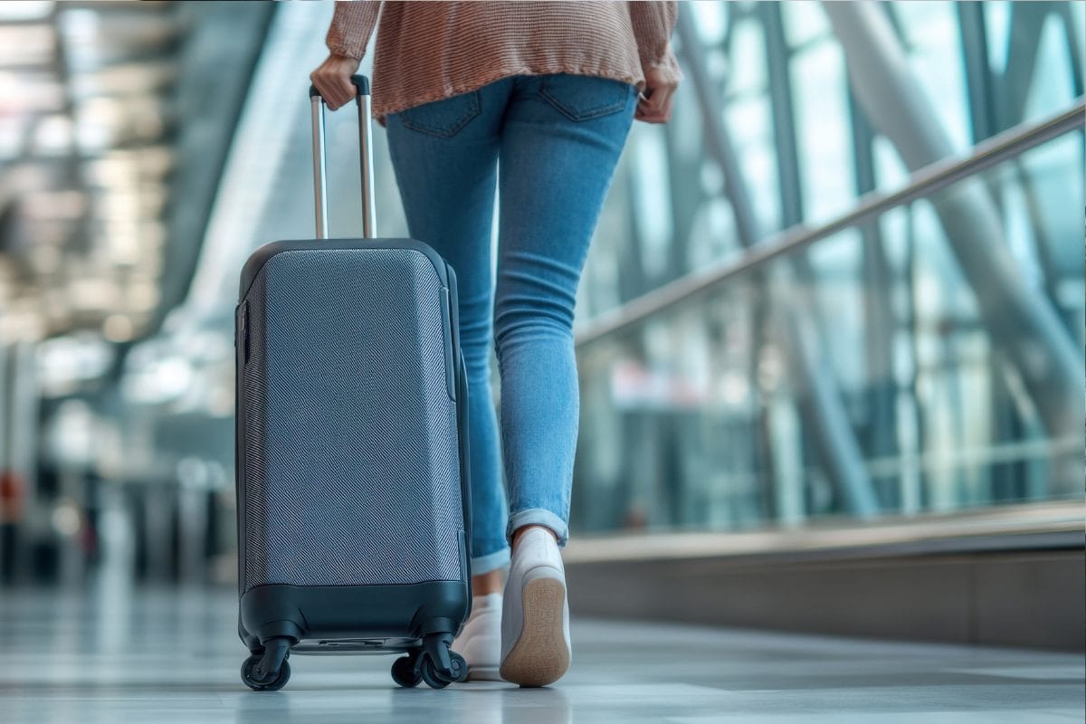A person in jeans and a sweater walks through an airport corridor, pulling a gray rolling suitcase behind them. The image is taken from behind, focusing on the luggage and the travelers legs.