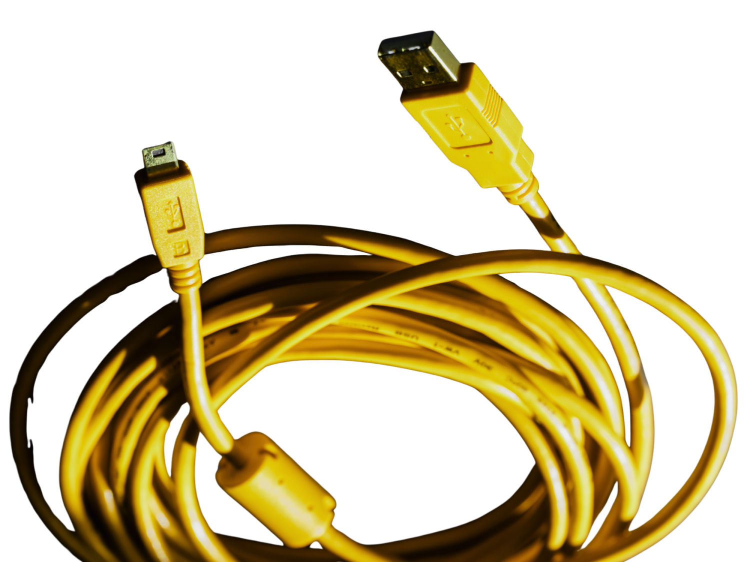 A yellow USB cable with one standard USB-A connector and one mini-USB connector, coiled loosely against a white background—perfect for connecting devices to watch CRM selection for nonprofits on demand video.