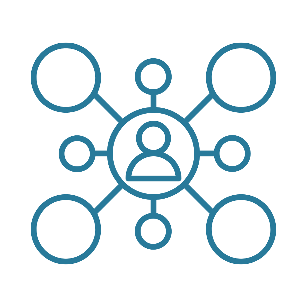 Blue line icon of a person in a central circle, connected by lines to six empty surrounding circles, representing a network or Donor Data Hub identity resolution engine on a white background.