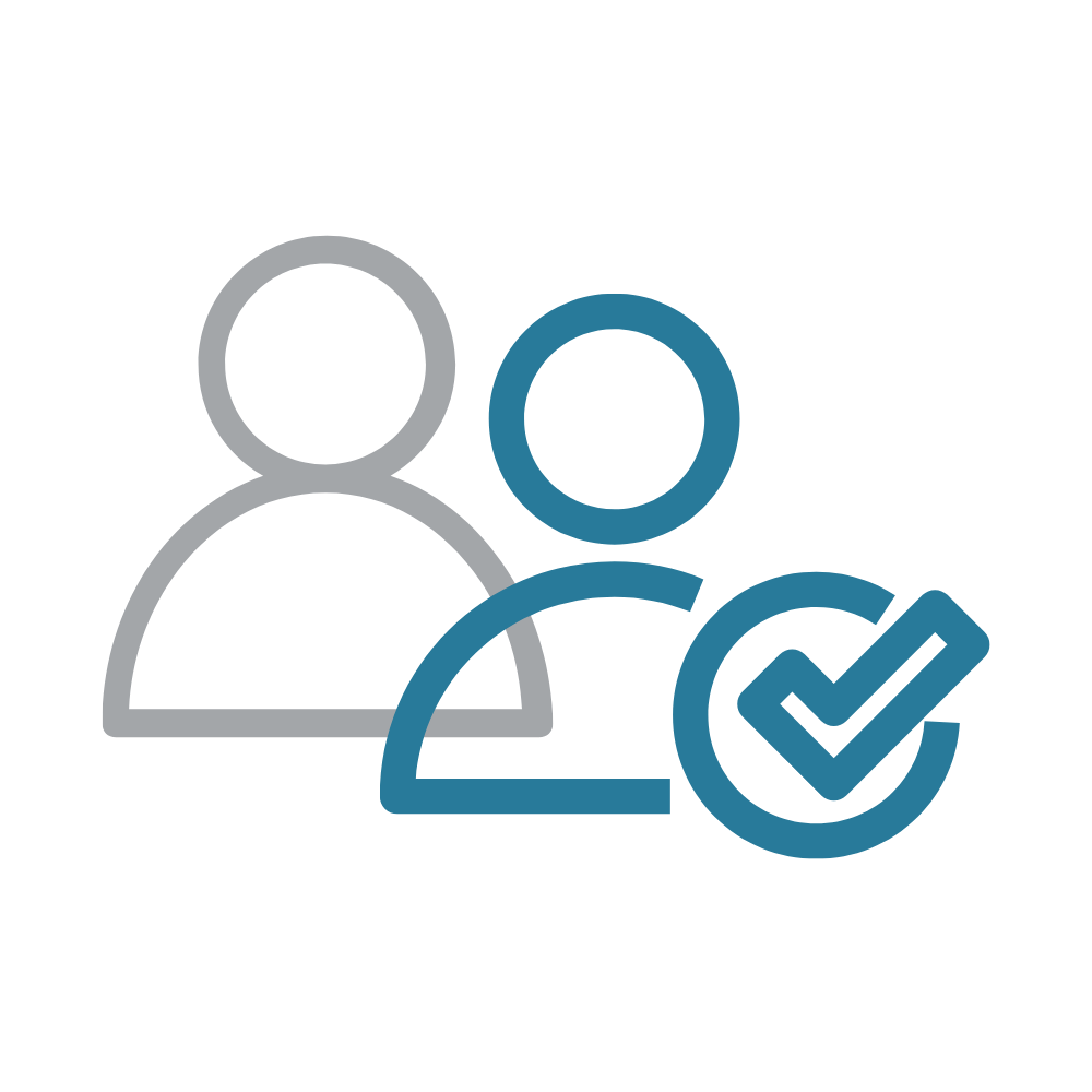 Two simple human icons—one grey in back, one blue in front with a blue checkmark overlapping—symbolize approval or verification, representing the Donor Data Hub identity resolution engine's power to confirm accurate identities.