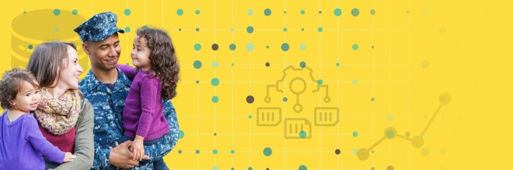A smiling family, including a person in military uniform, stands together against a yellow background with technology icons, graphs, and blue dots—illustrating the impact of Heller Consulting Donor Data Hub for nonprofit identity resolution.