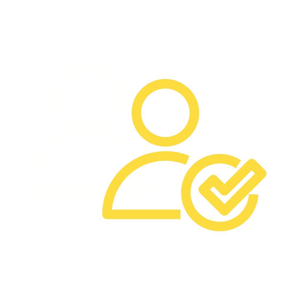 Two user icons represent nonprofit identity resolution: one in yellow outlined in front with a yellow checkmark, and one in light gray outline behind, on a light gray background—perfect for Heller Consulting Donor Data Hub visuals.
