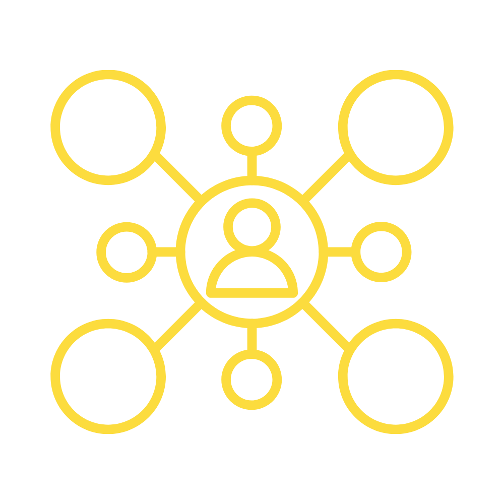 A yellow line drawing of a person inside a central circle, connected by lines to six surrounding empty circles, represents the Heller Consulting Donor Data Hub for nonprofit identity resolution on a light background.