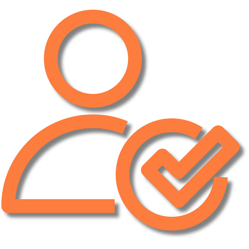 An orange outline of a person with a large checkmark inside a circle overlapping the lower right side, symbolizing user verification or approved account status, as seen in Heller Consulting Donor Data Hub for nonprofit identity resolution.