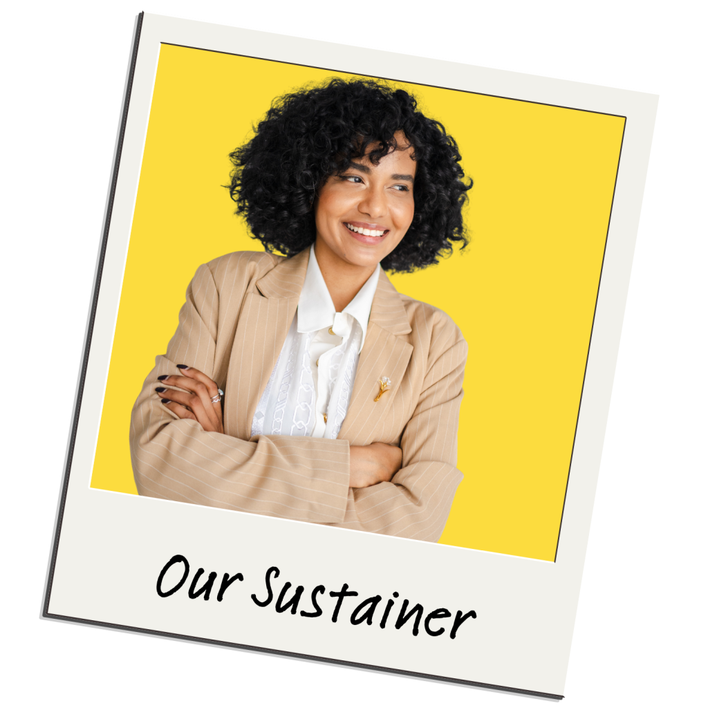 A smiling person with curly hair in a tan suit stands with arms crossed against a yellow background. The words Our Sustainer appear at the bottom, highlighting Heller Consulting Donor Data Hub for nonprofit identity resolution.