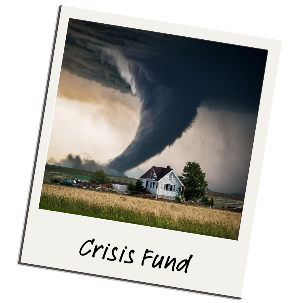 A large tornado approaches a small white house in a rural field, with the words Crisis Fund and Heller Consulting Donor Data Hub for nonprofit identity resolution written below the image in a Polaroid-style frame.