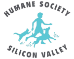 Logo for Humane Society Silicon Valley featuring a silhouette of a child running with a dog and a cat, with grass tufts, encircled by the organization’s name in bold, curved text above and below.